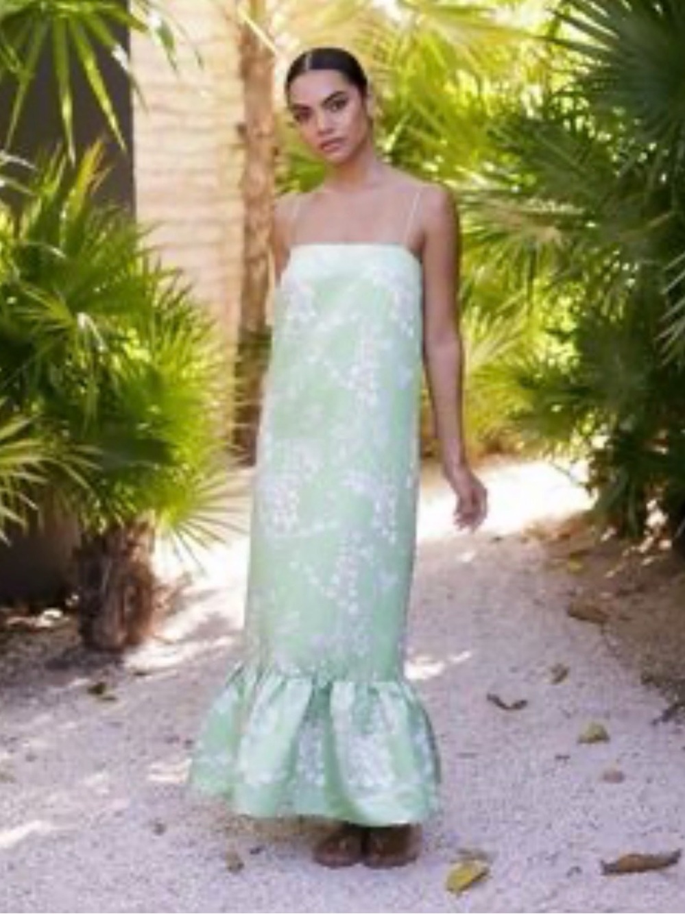 Sleeveless Mint Green Floral Maxi Dress with Ruffle Hem